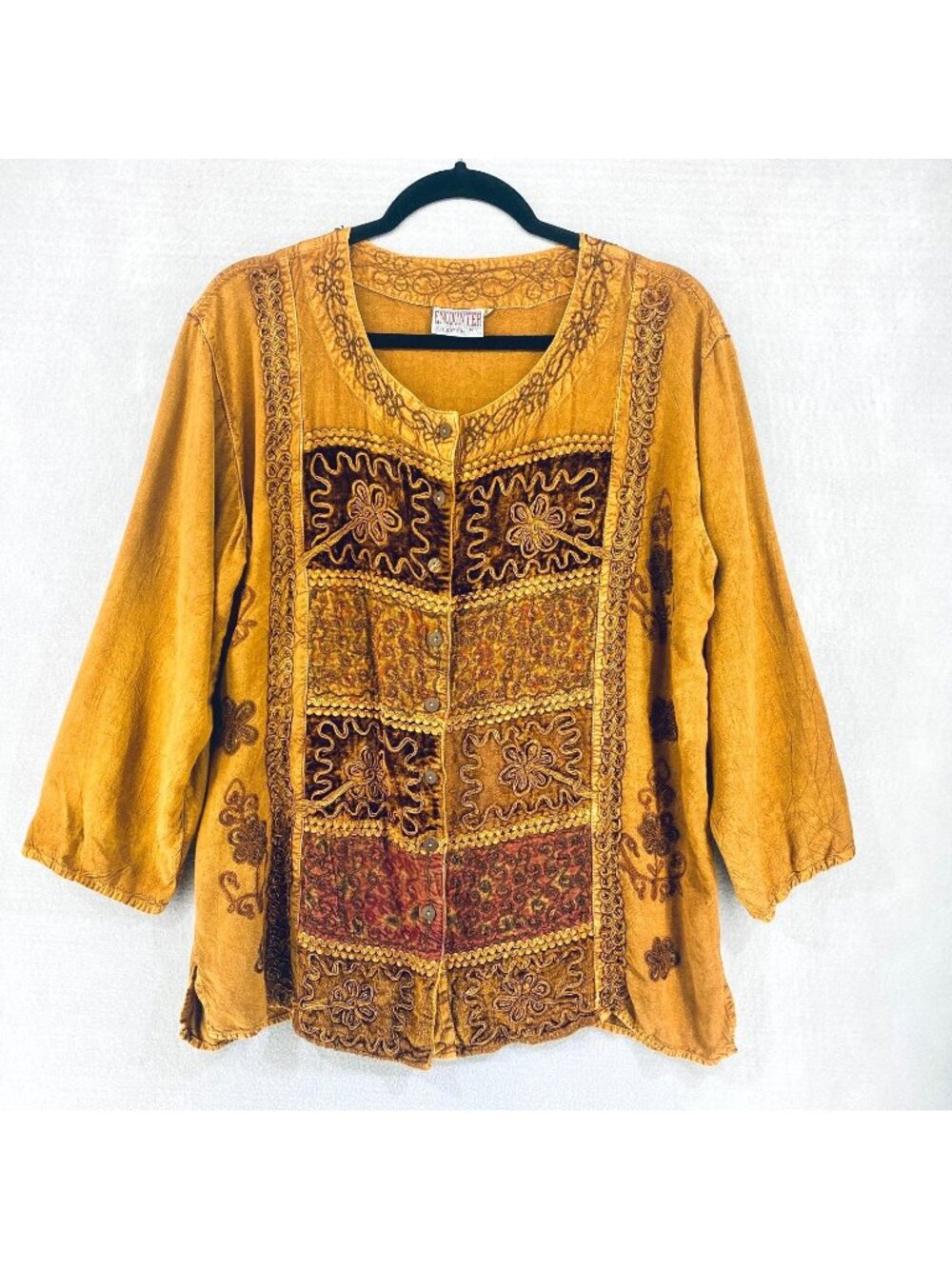 Vintage y2k Top Womens L Orange Floral Embroidered Patchwork Blouse Boho Velvet - Picture 1 of 12